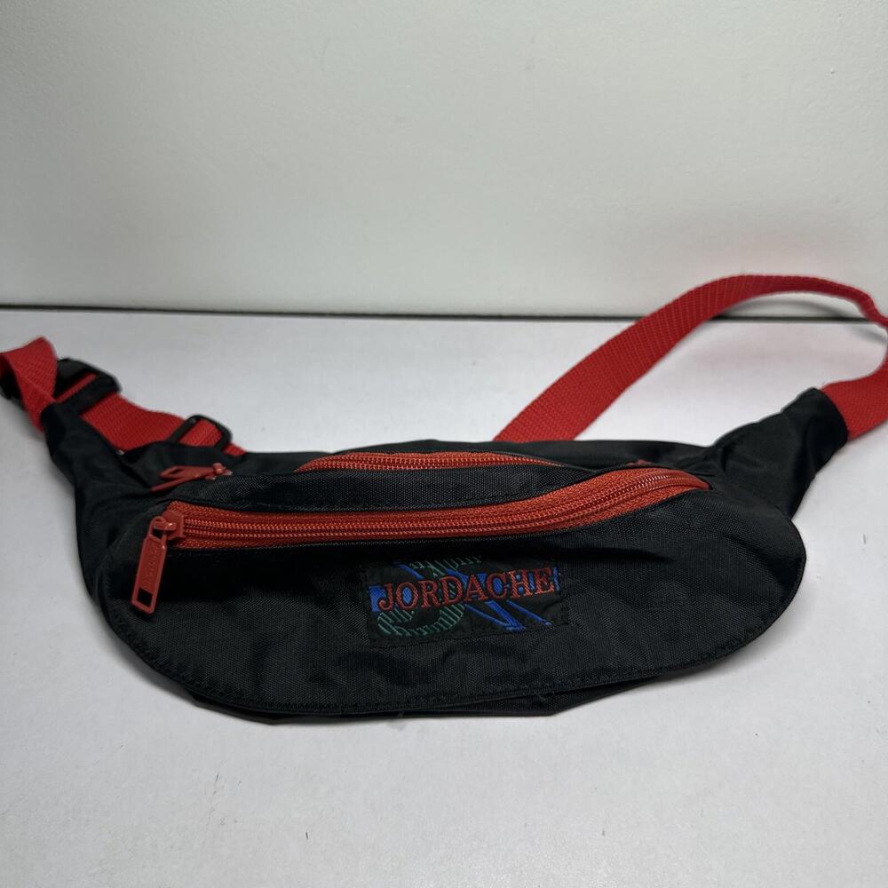 Vintage Jordache Nylon Waist Fanny Pack Belt Bag 90s 80s Black Red 2 Zipper ZIP